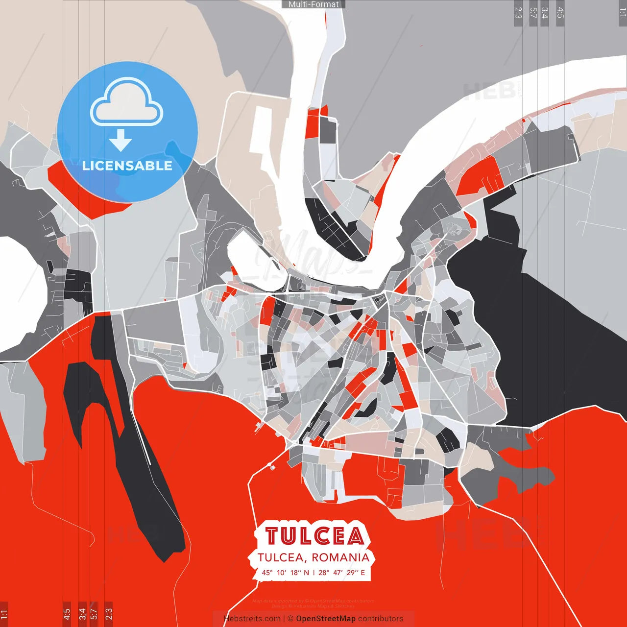 Tulcea, Tulcea, Romania - modern street map poster template with gray and red tones