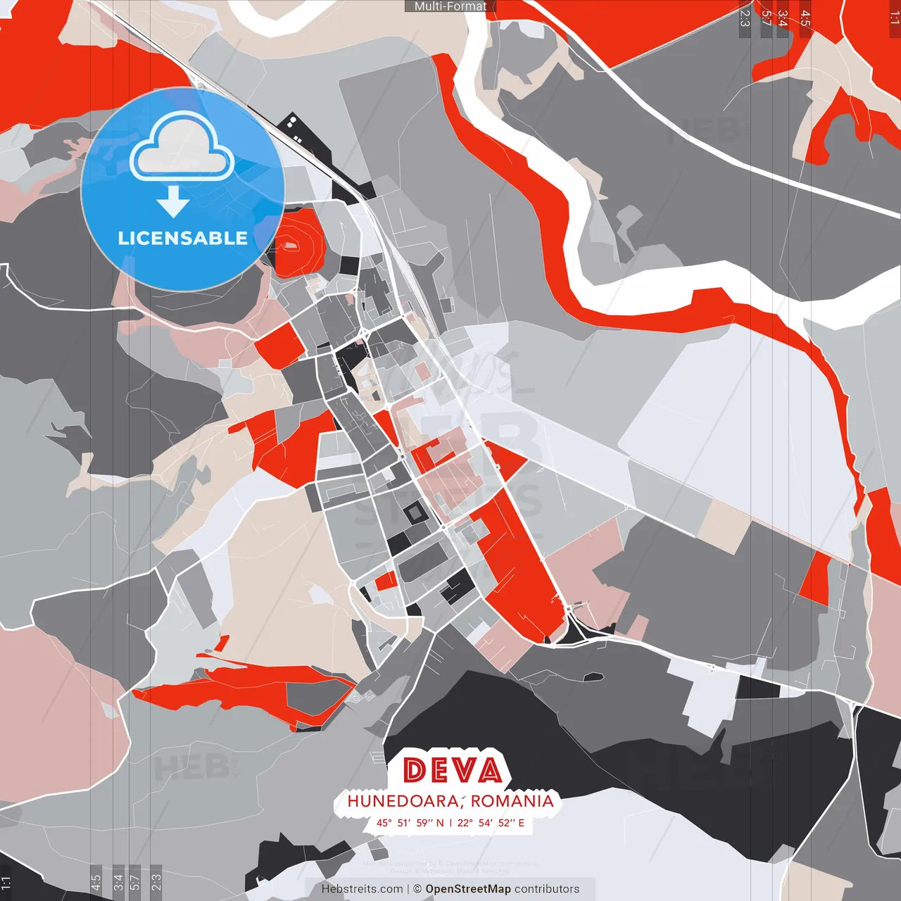 Deva, Hunedoara, Romania - modern street map poster template with gray and red tones