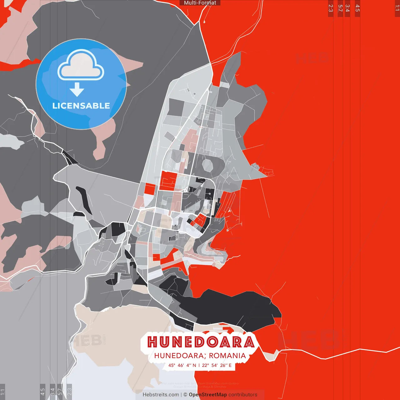 Hunedoara, Hunedoara, Romania - modern street map poster template with gray and red tones