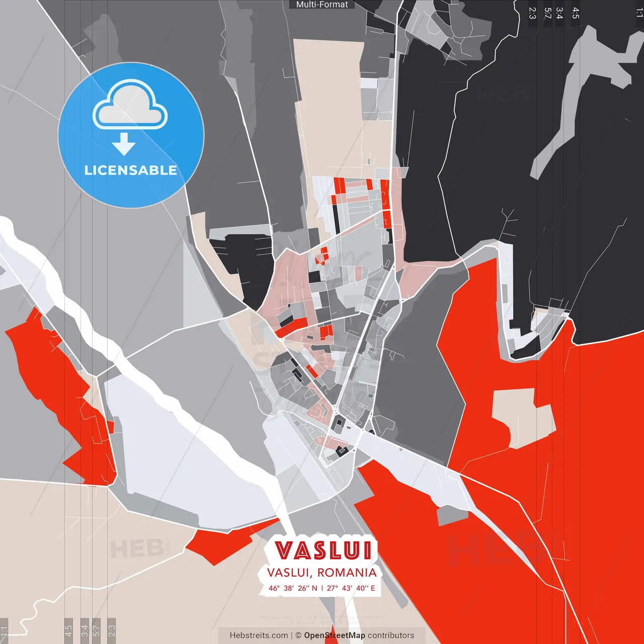 Vaslui, Vaslui, Romania - modern street map poster template with gray and red tones