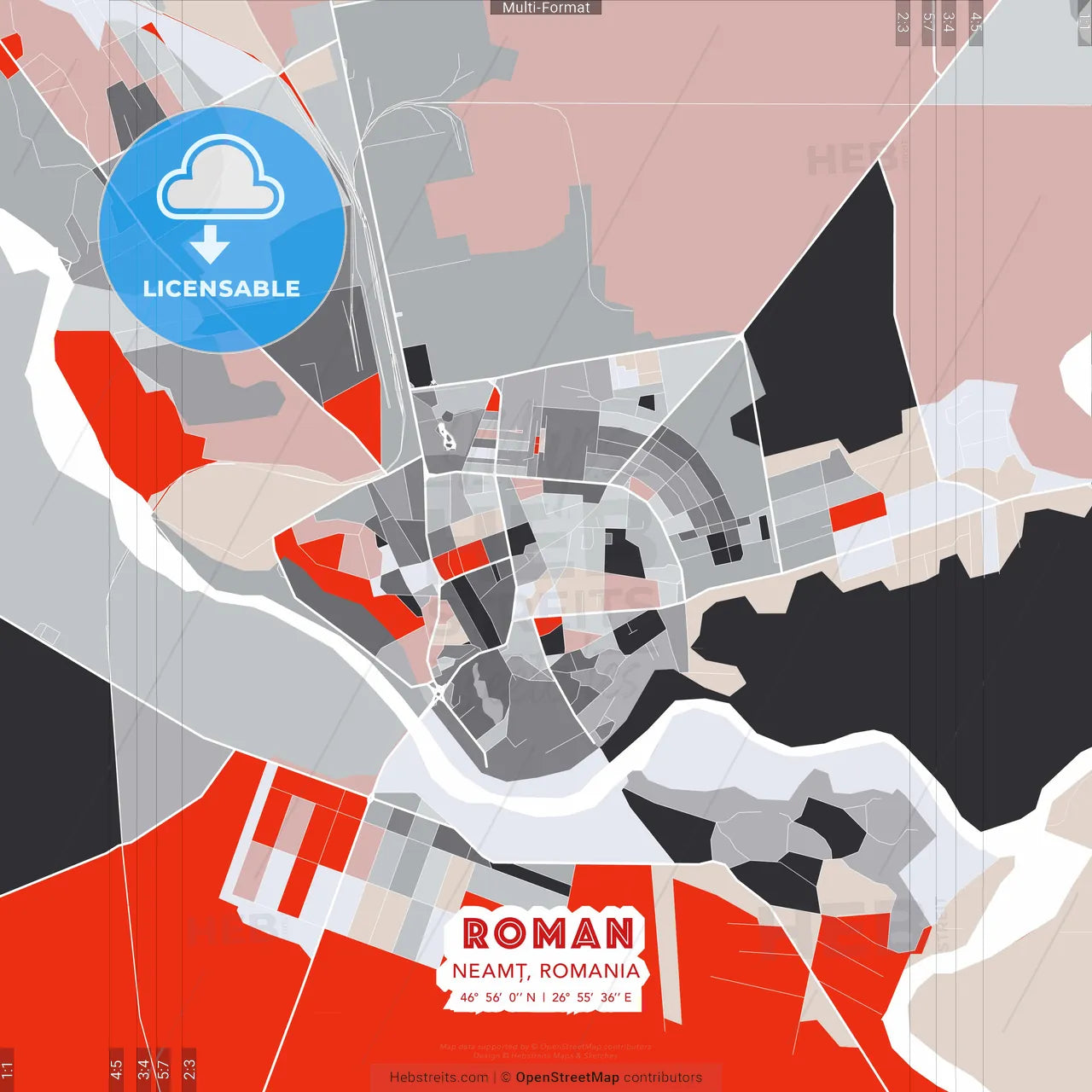 Roman, Neamț, Romania - modern street map poster template with gray and red tones