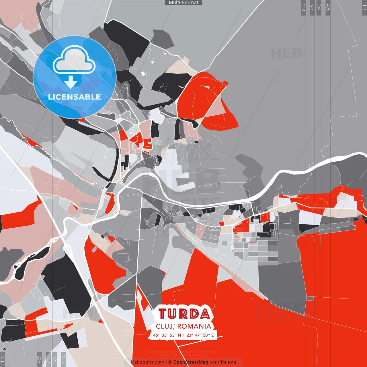 Turda, Cluj, Romania - modern street map poster template with gray and red tones