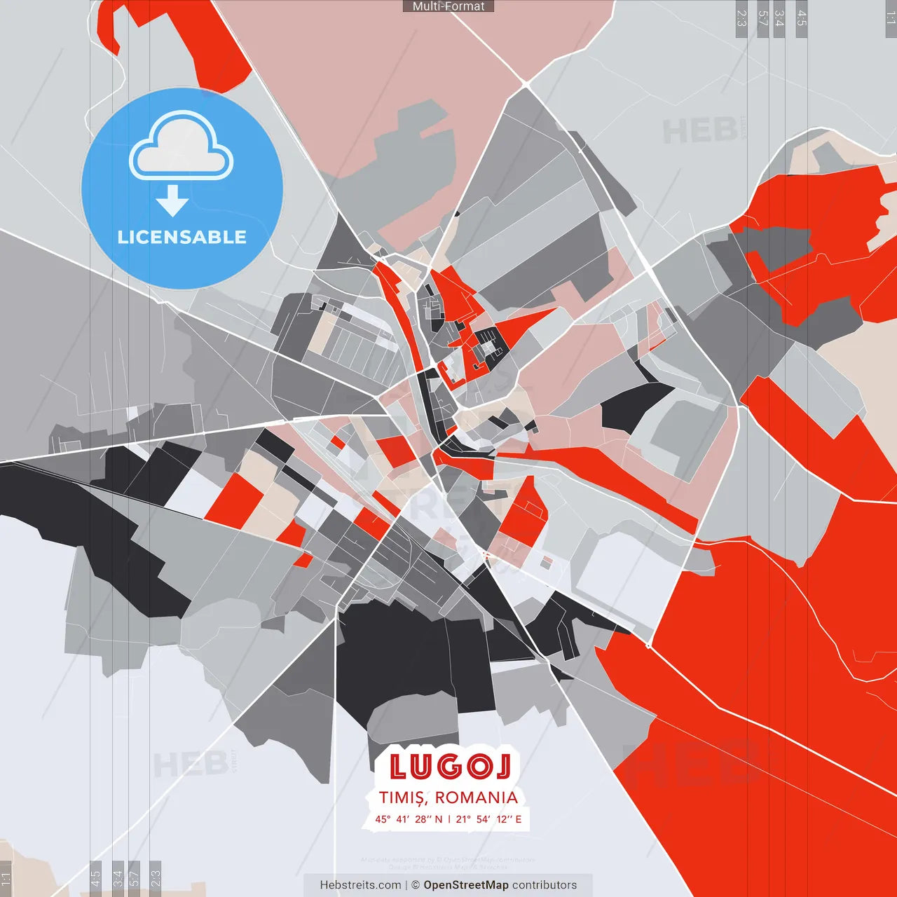 Lugoj, Timiș, Romania - modern street map poster template with gray and red tones