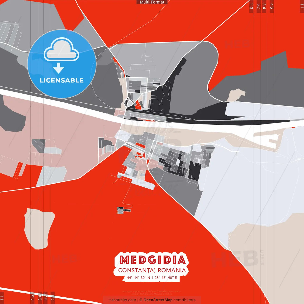 Medgidia, Constanța, Romania - modern street map poster template with gray and red tones