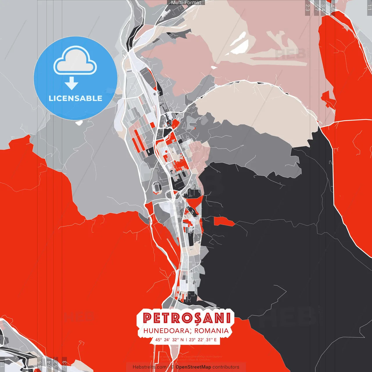 Petroșani, Hunedoara, Romania - modern street map poster template with gray and red tones