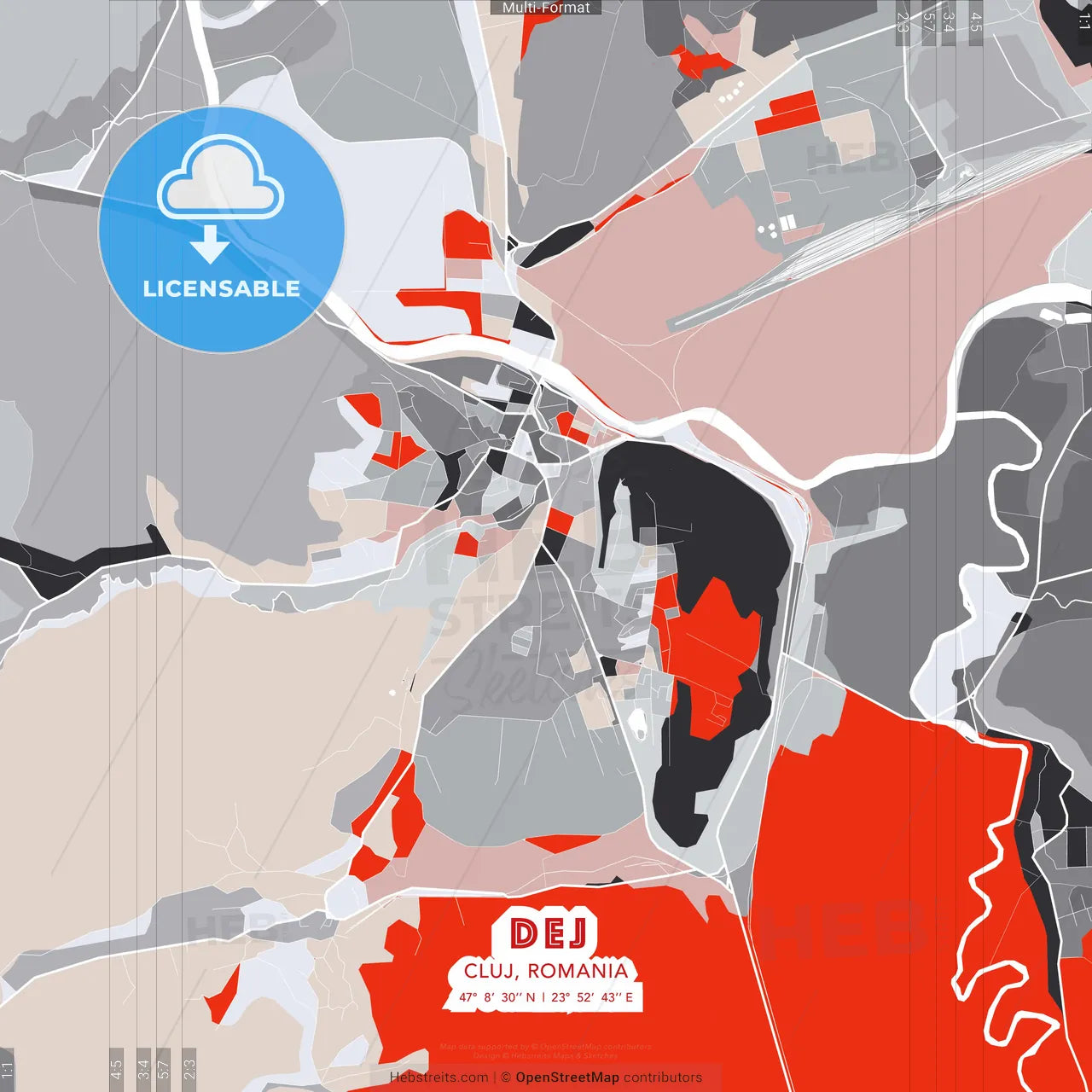 Dej, Cluj, Romania - modern street map poster template with gray and red tones