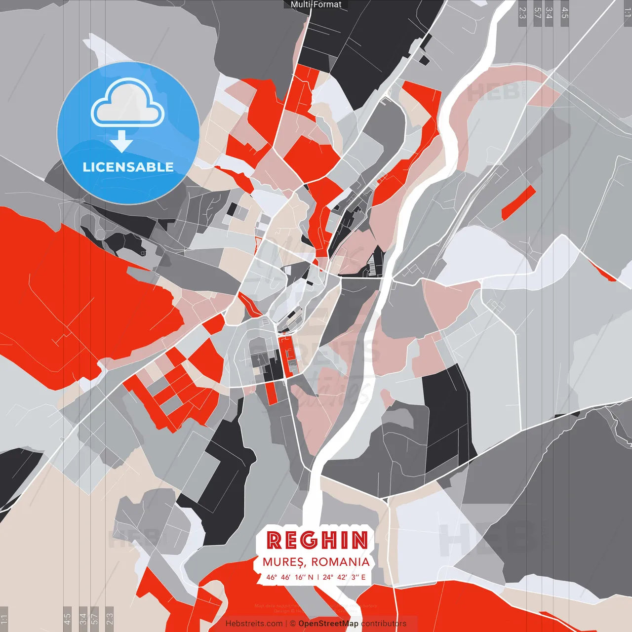 Reghin, Mureș, Romania - modern street map poster template with gray and red tones