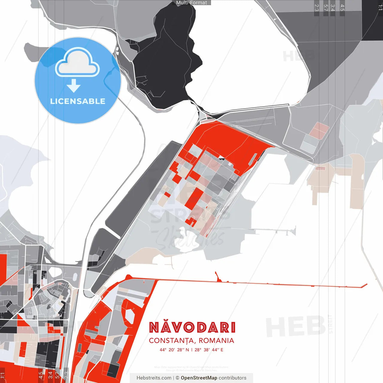 Năvodari, Constanța, Romania - modern street map poster template with gray and red tones