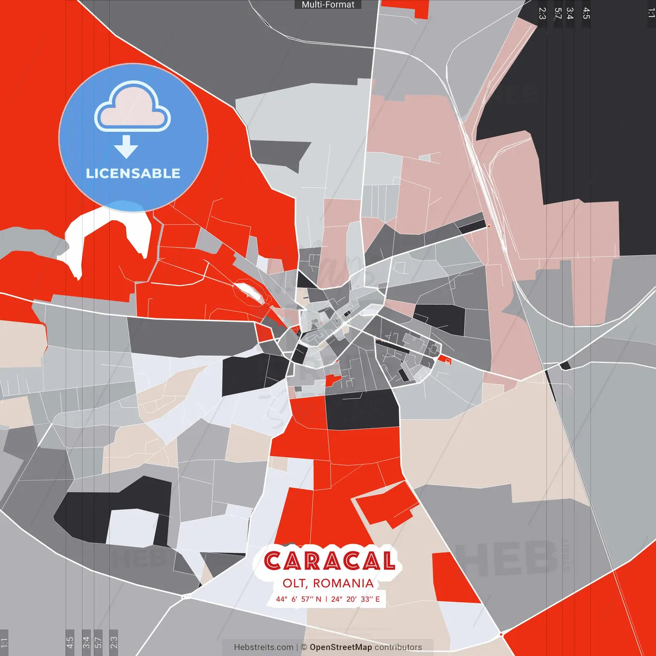 Caracal, Olt, Romania - modern street map poster template with gray and red tones