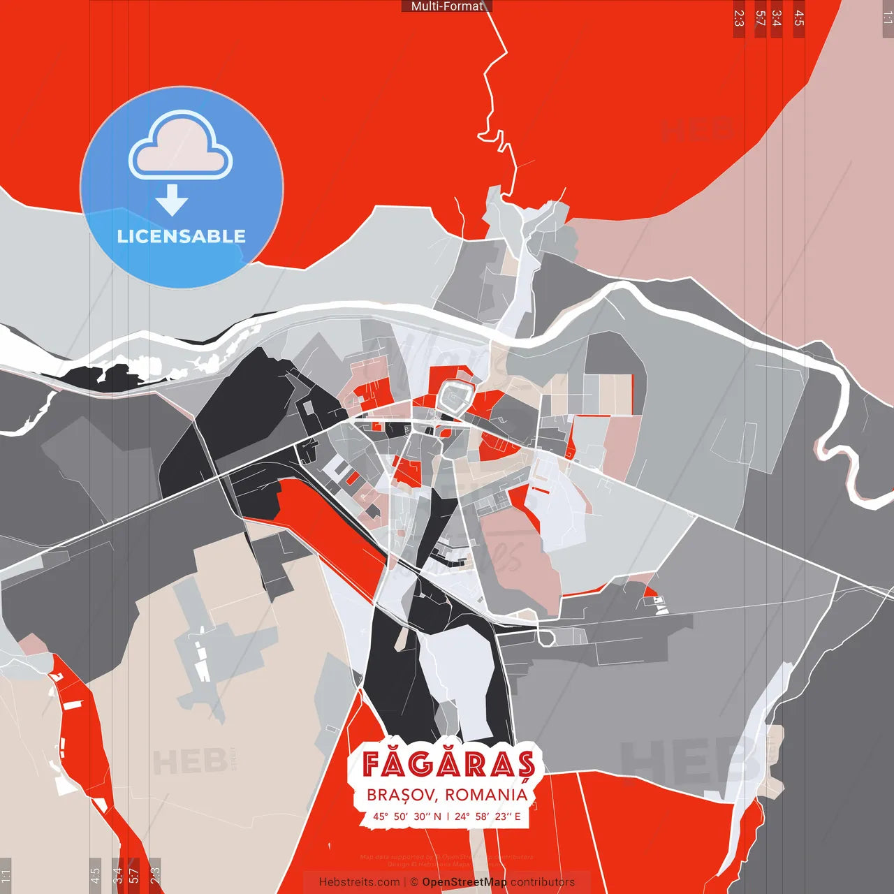 Făgăraș, Brașov, Romania - modern street map poster template with gray and red tones