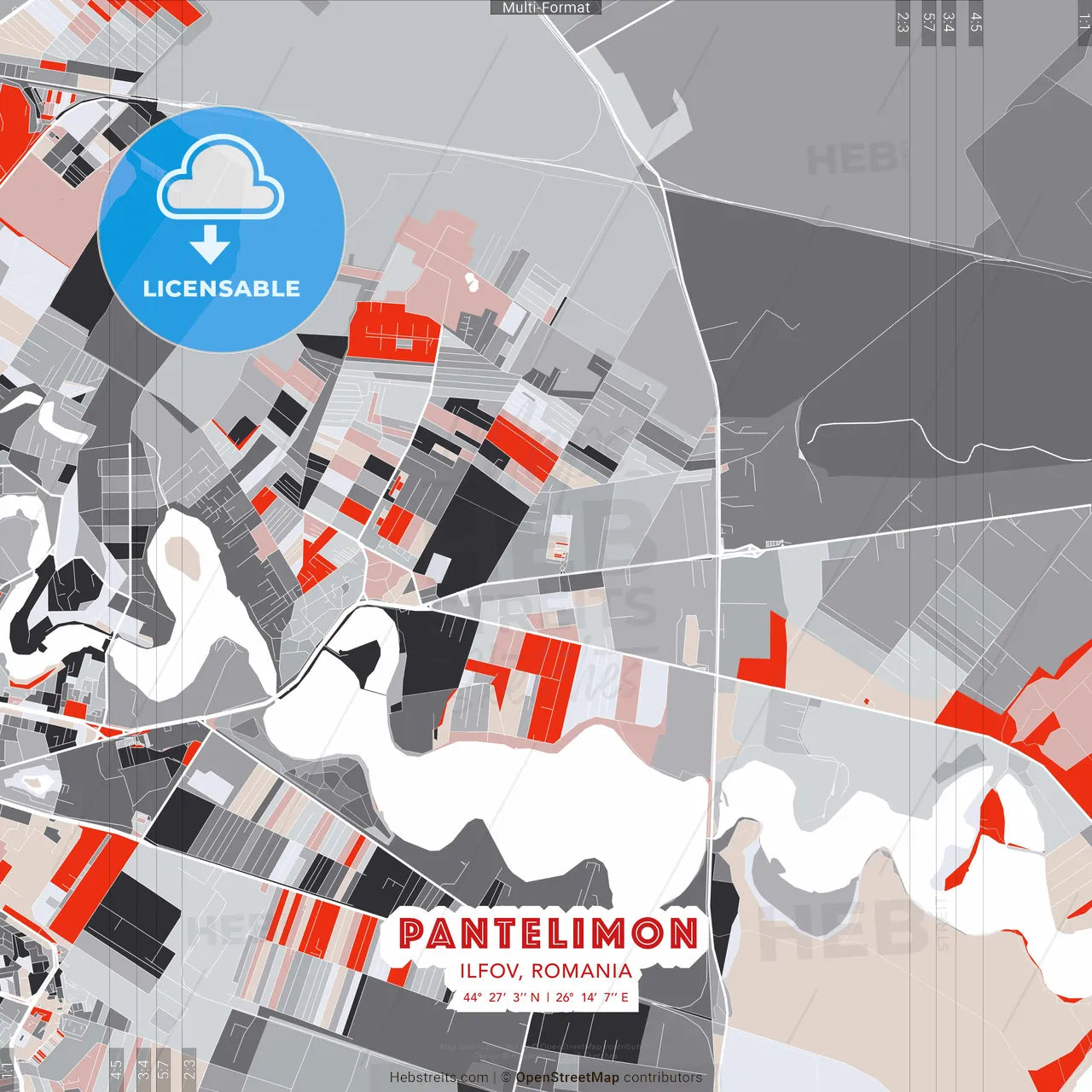 Pantelimon, Ilfov, Romania - modern street map poster template with gray and red tones