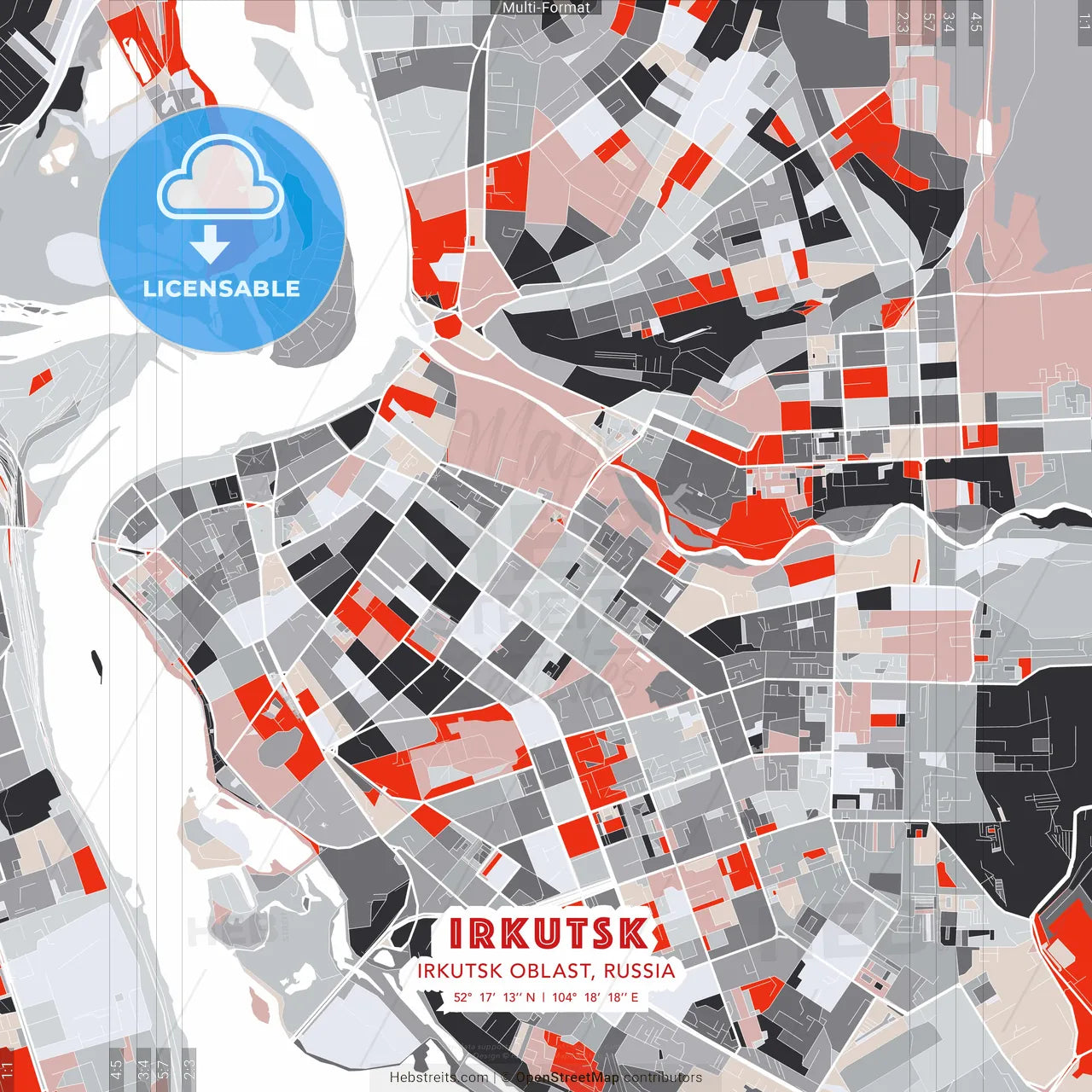 Irkutsk, Irkutsk Oblast, Russia - modern street map poster template with gray and red tones
