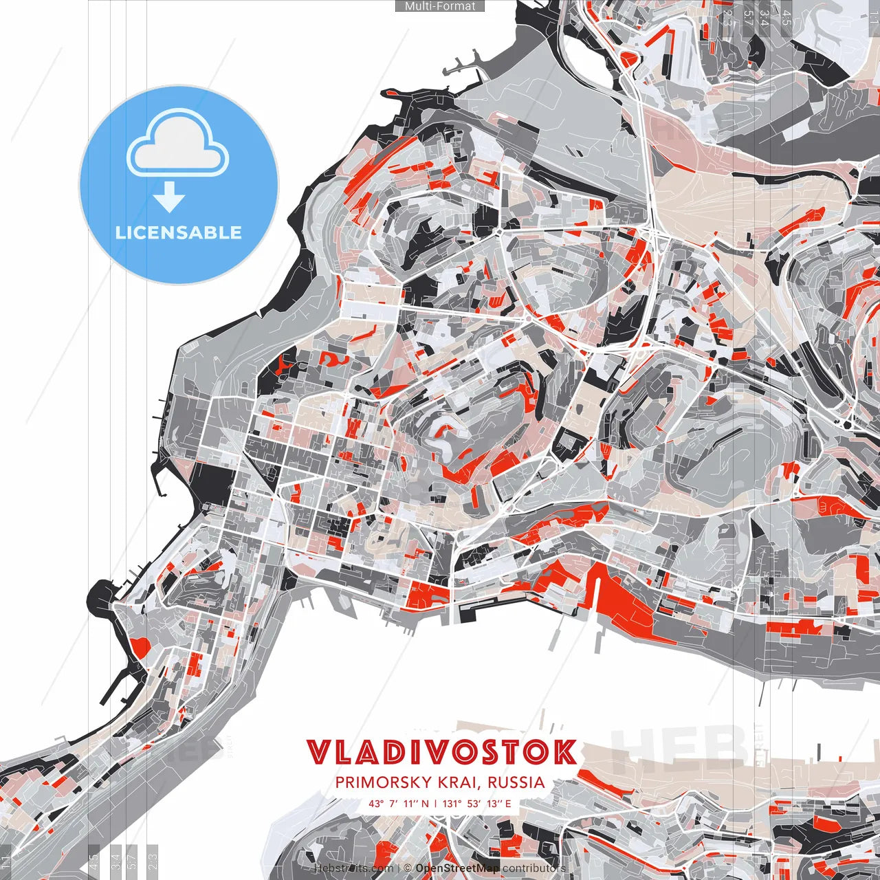 Vladivostok, Primorsky Krai, Russia - modern street map poster template with gray and red tones