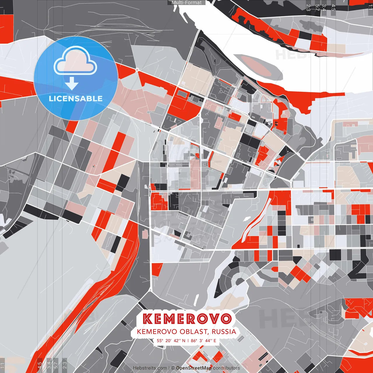 Kemerovo, Kemerovo Oblast, Russia - modern street map poster template with gray and red tones