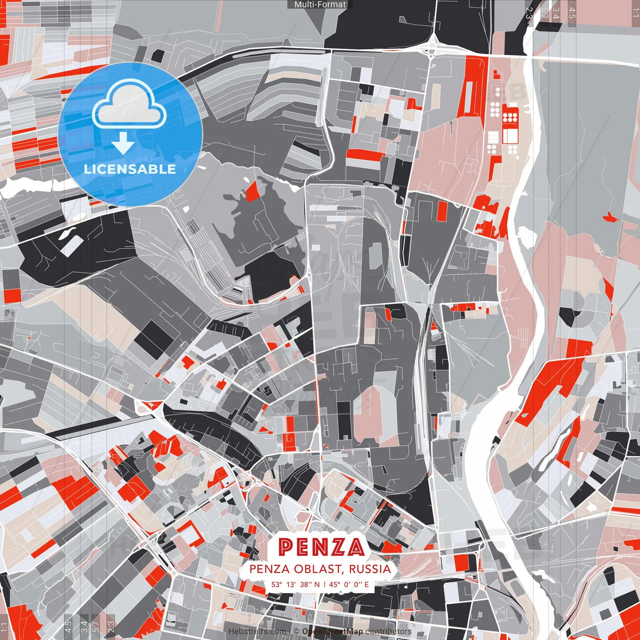Penza, Penza Oblast, Russia - modern street map poster template with gray and red tones