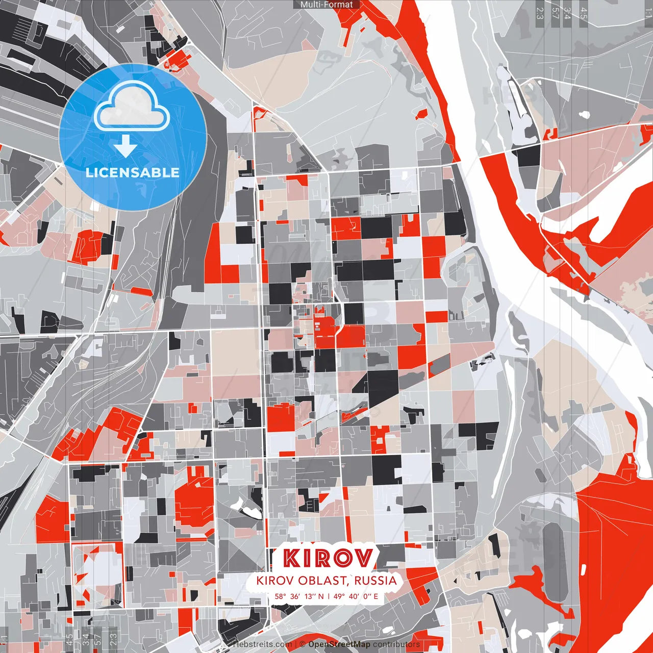 Kirov, Kirov Oblast, Russia - modern street map poster template with gray and red tones