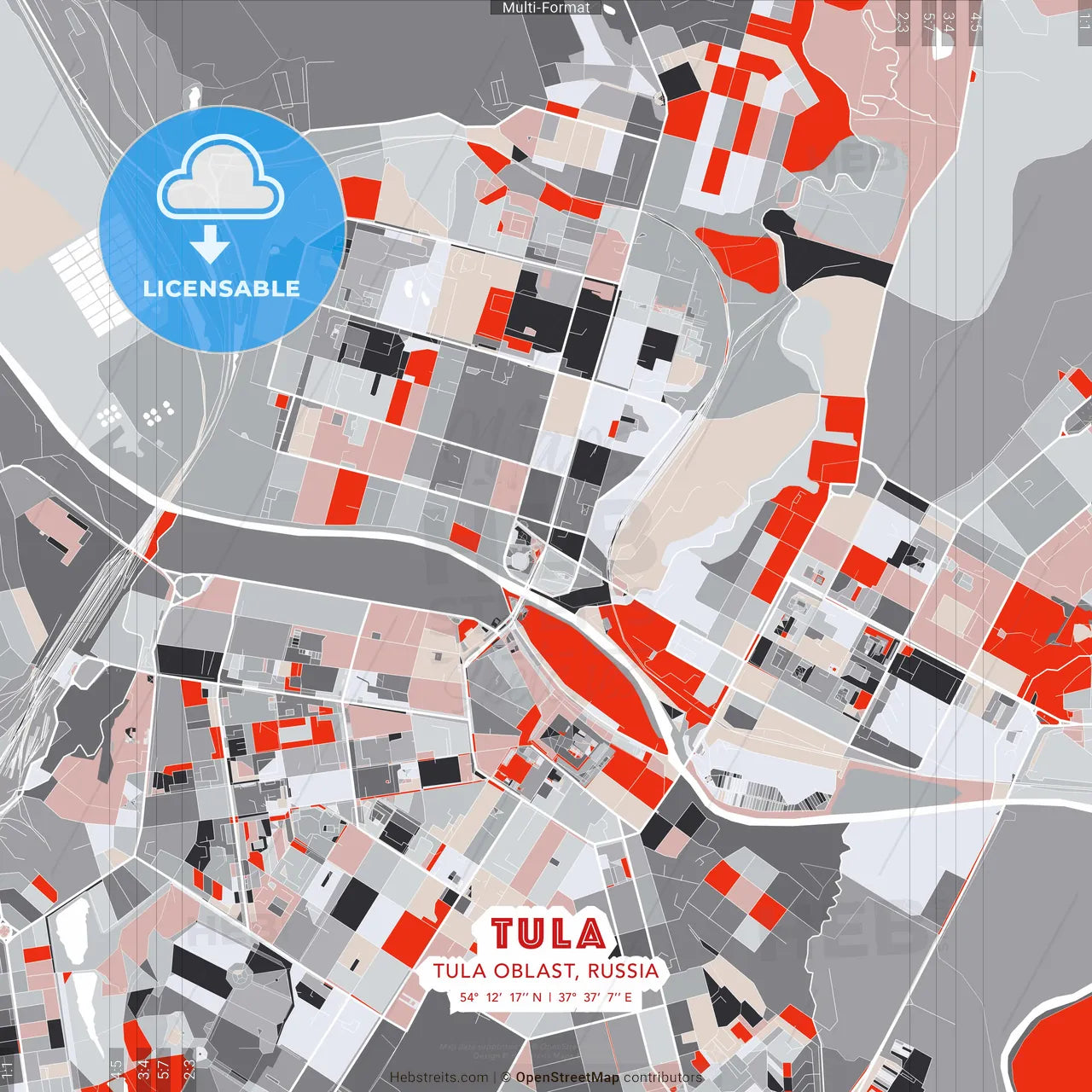 Tula, Tula Oblast, Russia - modern street map poster template with gray and red tones