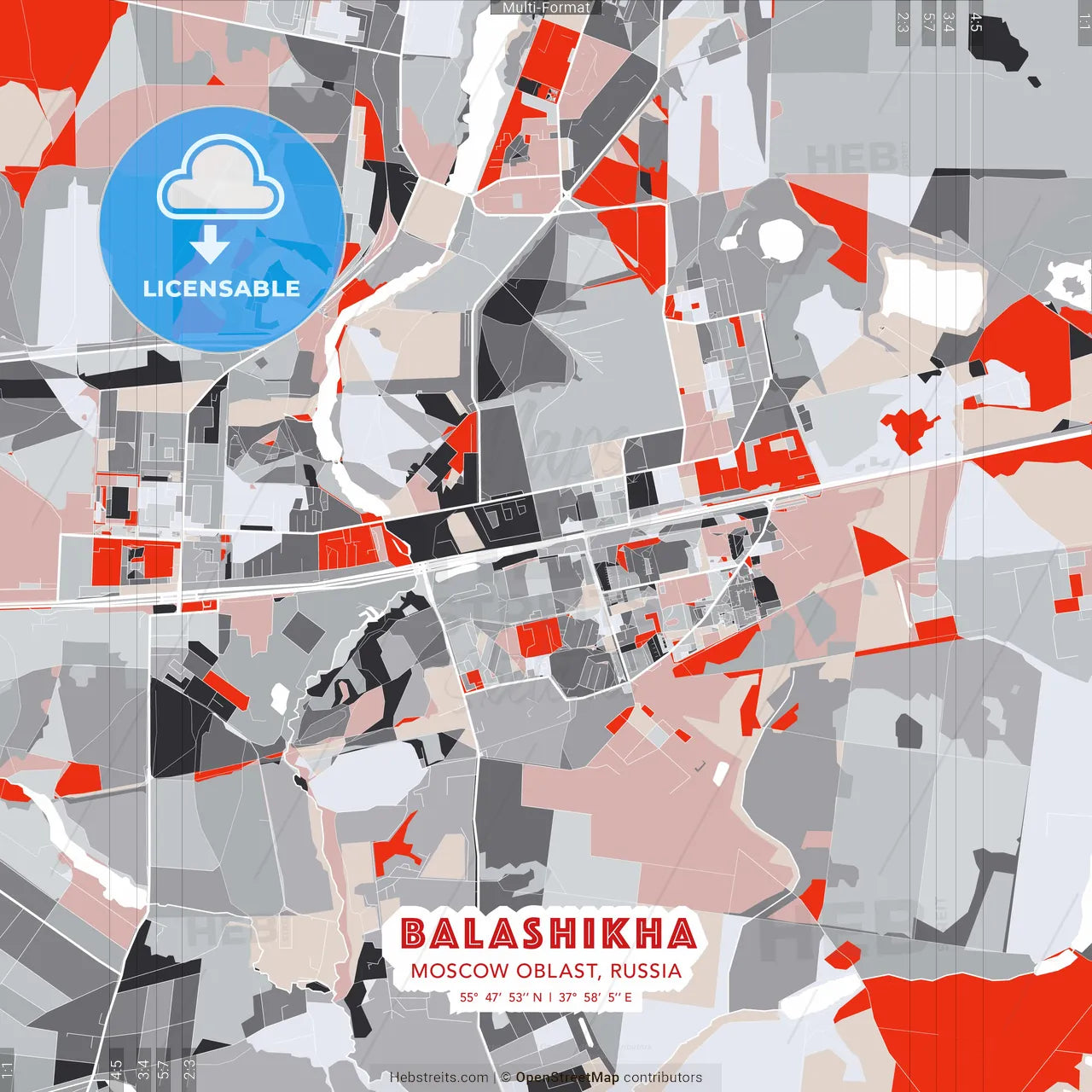 Balashikha, Moscow Oblast, Russia - modern street map poster template with gray and red tones