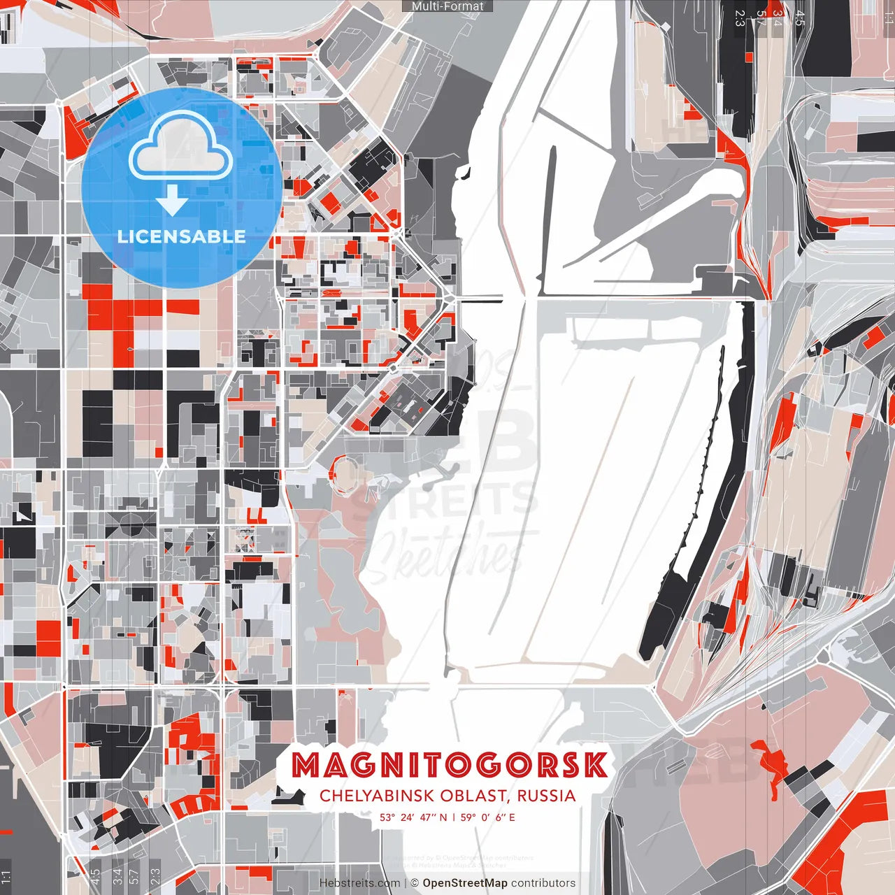 Magnitogorsk, Chelyabinsk Oblast, Russia - modern street map poster template with gray and red tones