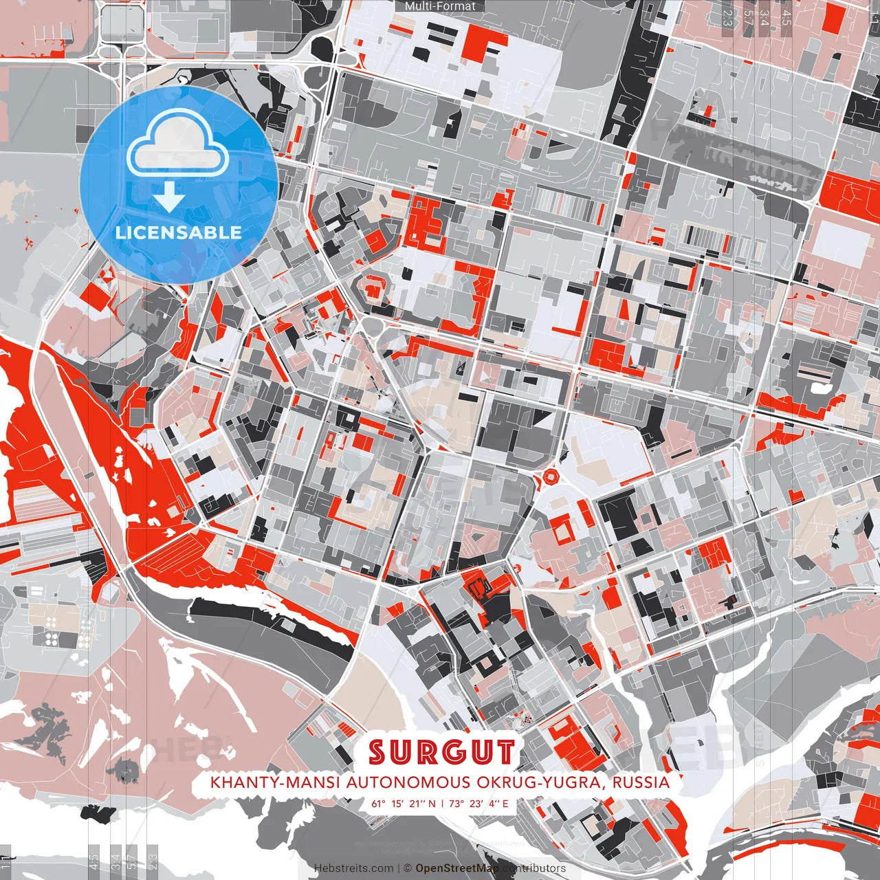 Surgut, Khanty-Mansi Autonomous Okrug-Yugra, Russia - modern street map poster template with gray and red tones