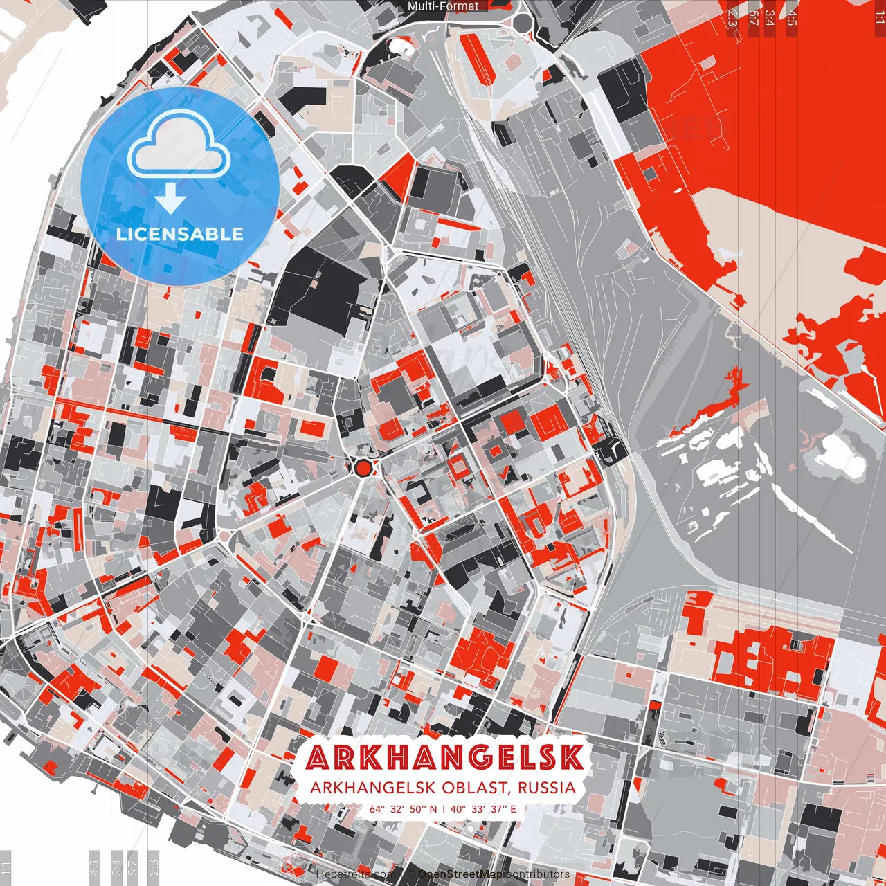 Arkhangelsk, Arkhangelsk Oblast, Russia - modern street map poster template with gray and red tones