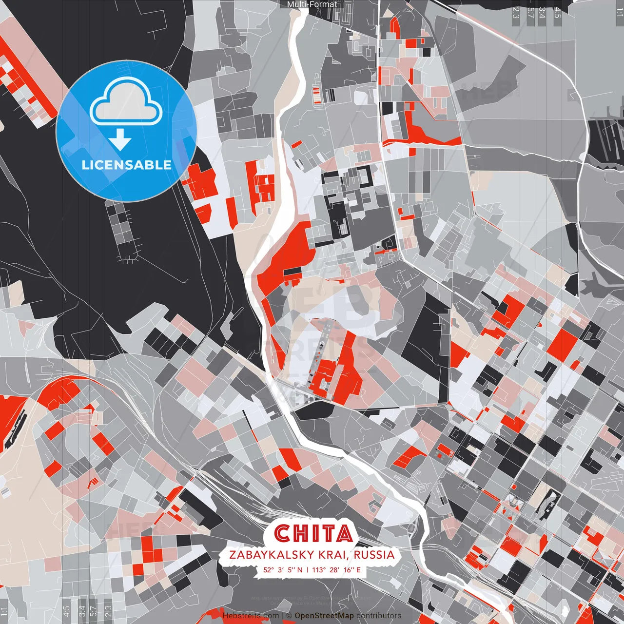 Chita, Zabaykalsky Krai, Russia - modern street map poster template with gray and red tones