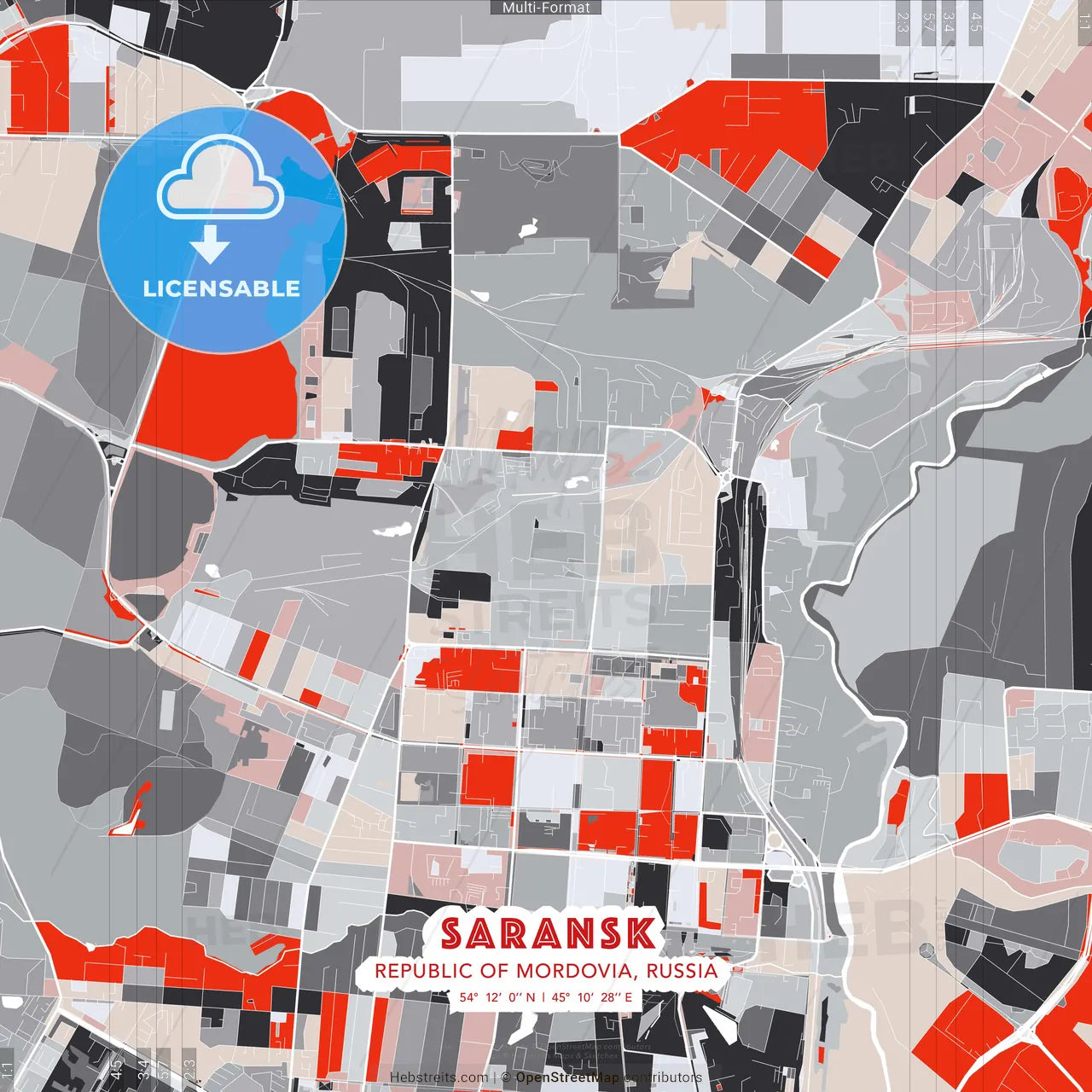 Saransk, Republic of Mordovia, Russia - modern street map poster template with gray and red tones