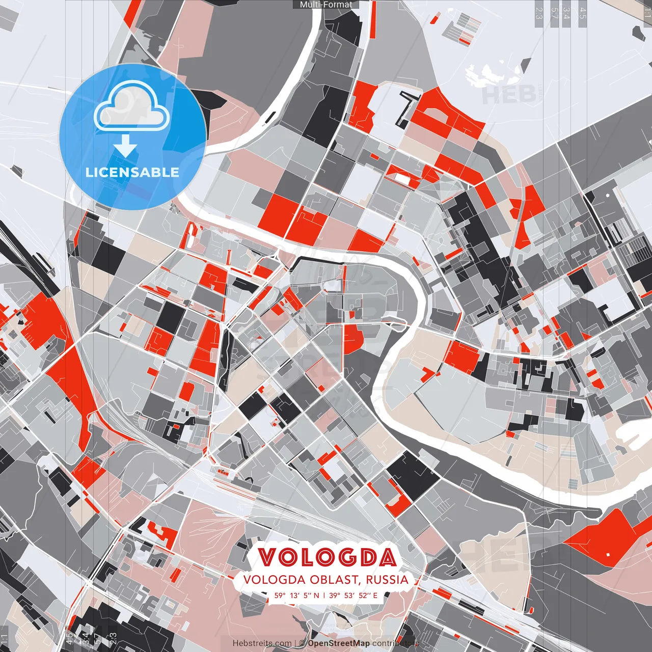 Vologda, Vologda Oblast, Russia - modern street map poster template with gray and red tones