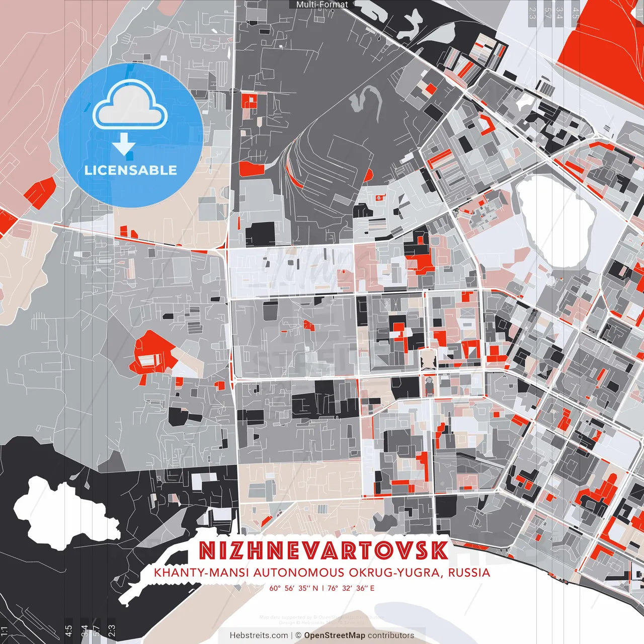 Nizhnevartovsk, Khanty-Mansi Autonomous Okrug-Yugra, Russia - modern street map poster template with gray and red tones