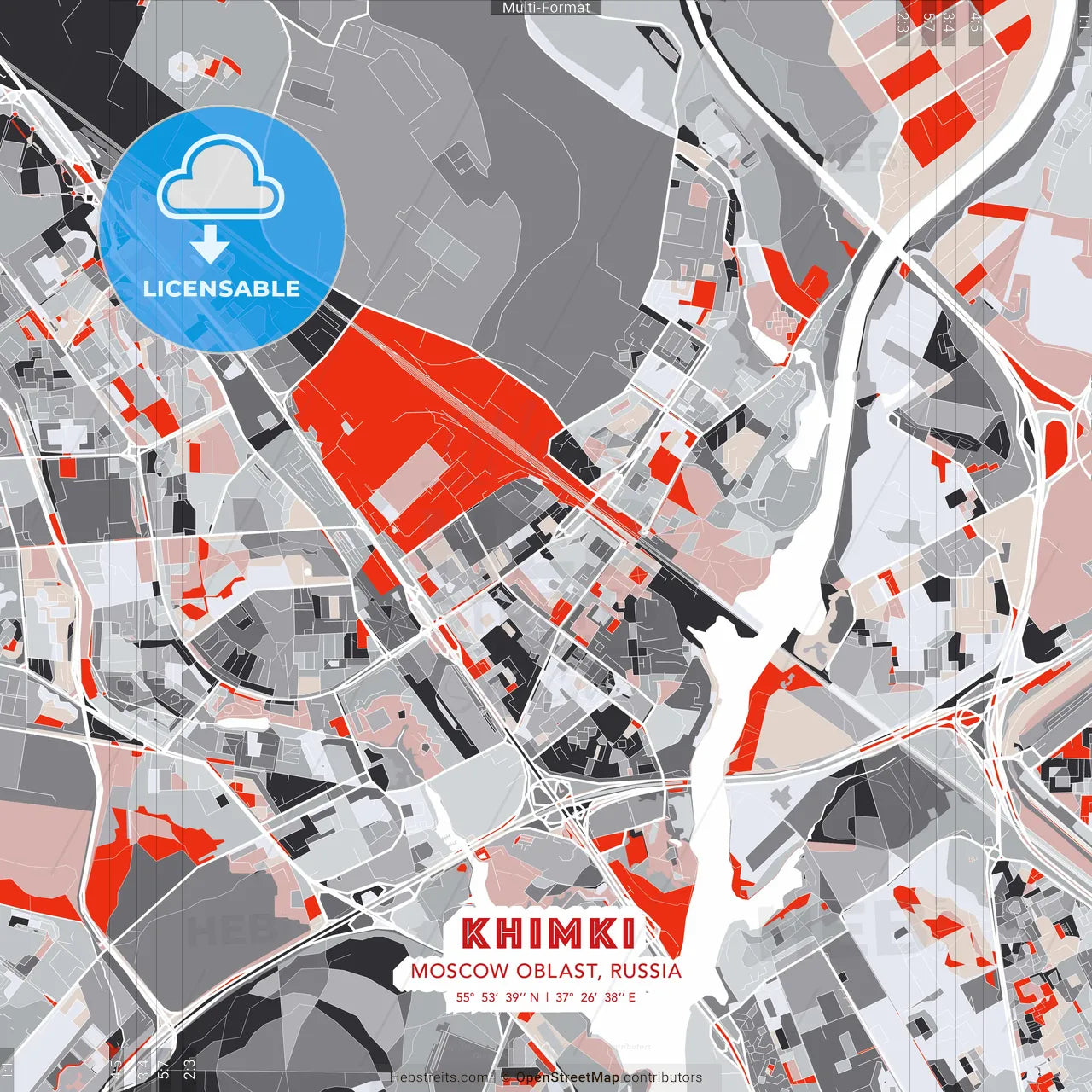 Khimki, Moscow Oblast, Russia - modern street map poster template with gray and red tones