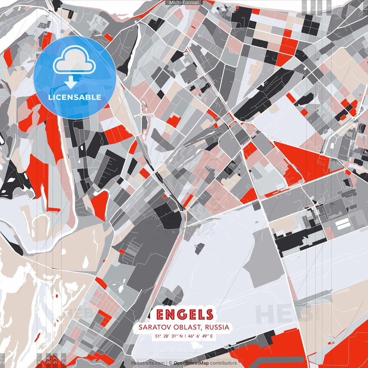 Engels, Saratov Oblast, Russia - modern street map poster template with gray and red tones
