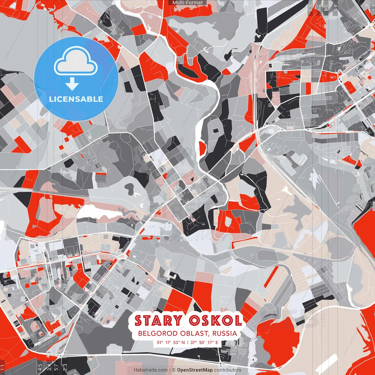 Stary Oskol, Belgorod Oblast, Russia - modern street map poster template with gray and red tones