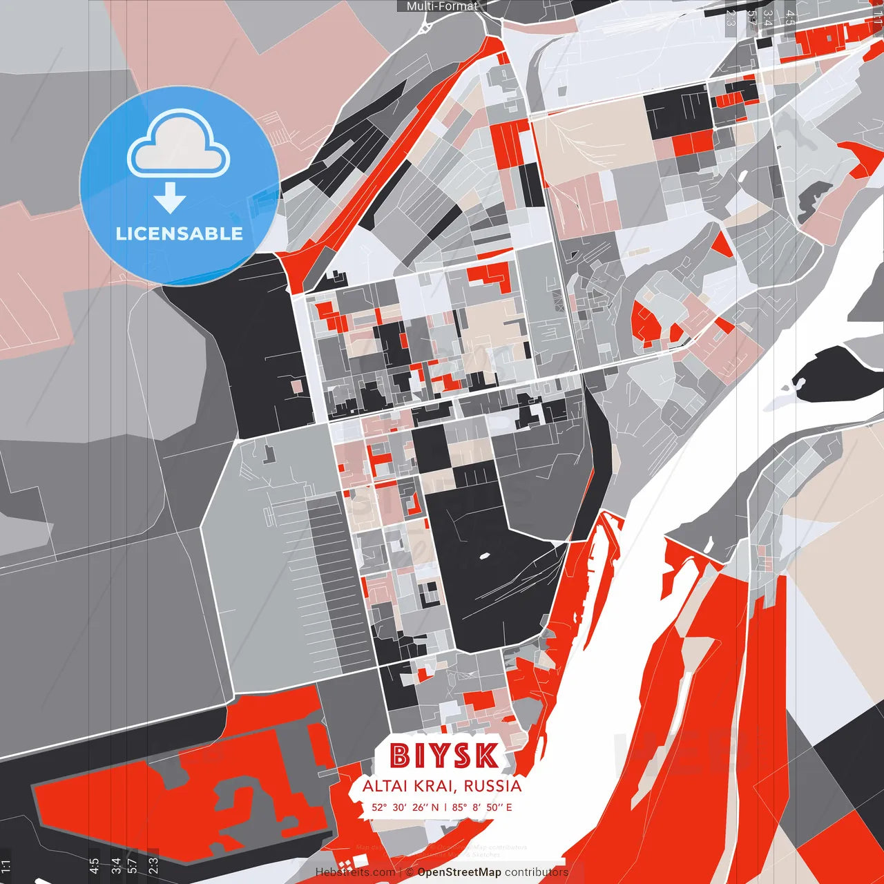 Biysk, Altai Krai, Russia - modern street map poster template with gray and red tones