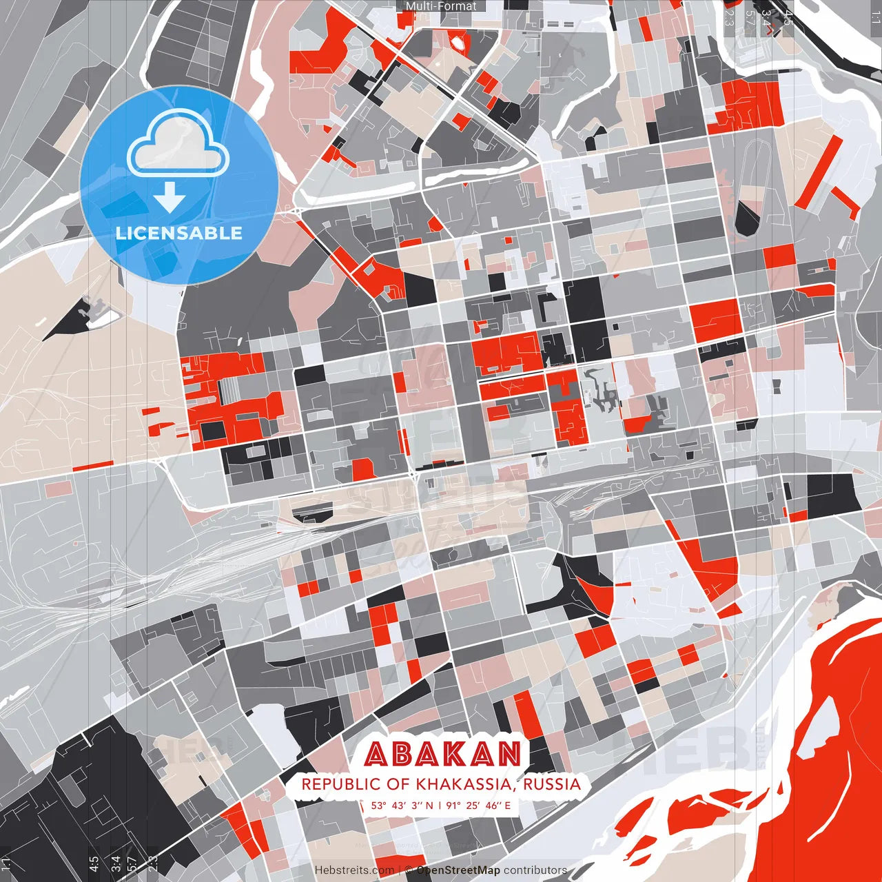 Abakan, Republic of Khakassia, Russia - modern street map poster template with gray and red tones