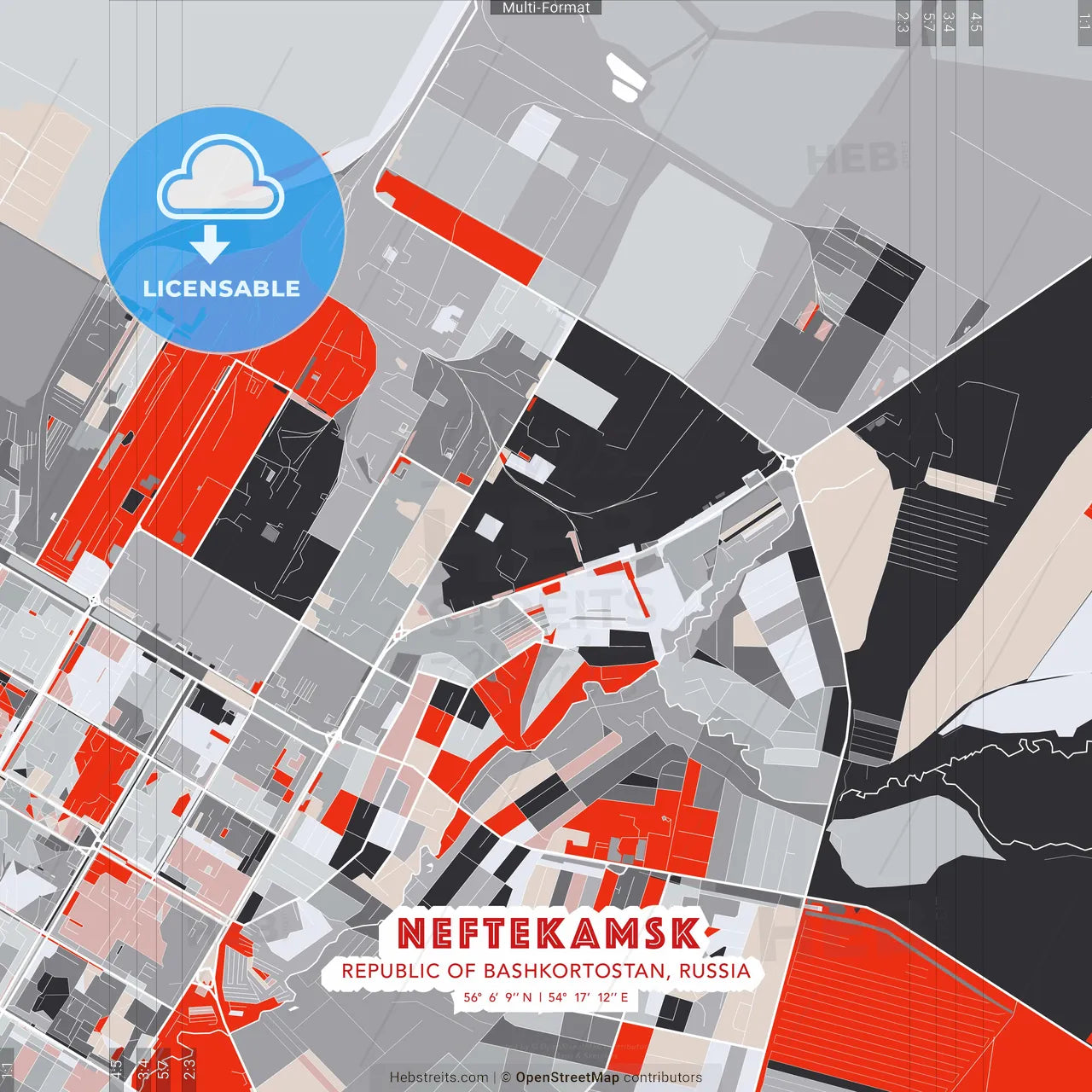 Neftekamsk, Republic of Bashkortostan, Russia - modern street map poster template with gray and red tones