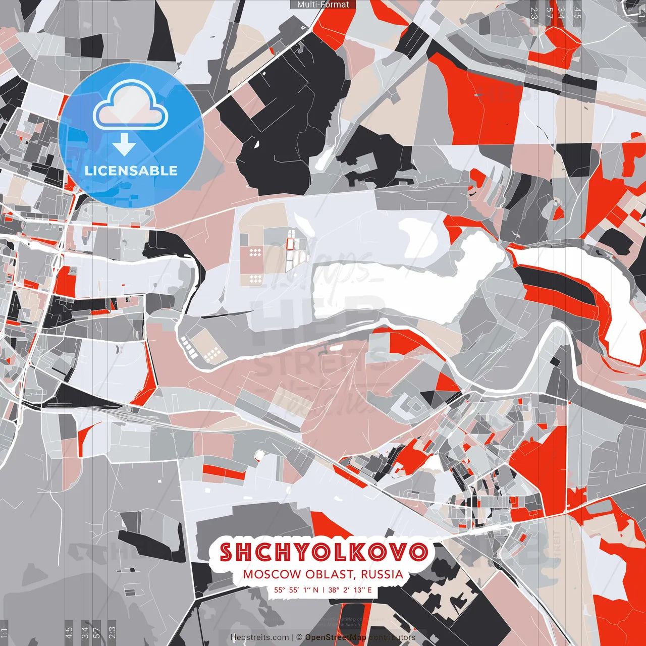 Shchyolkovo, Moscow Oblast, Russia - modern street map poster template with gray and red tones