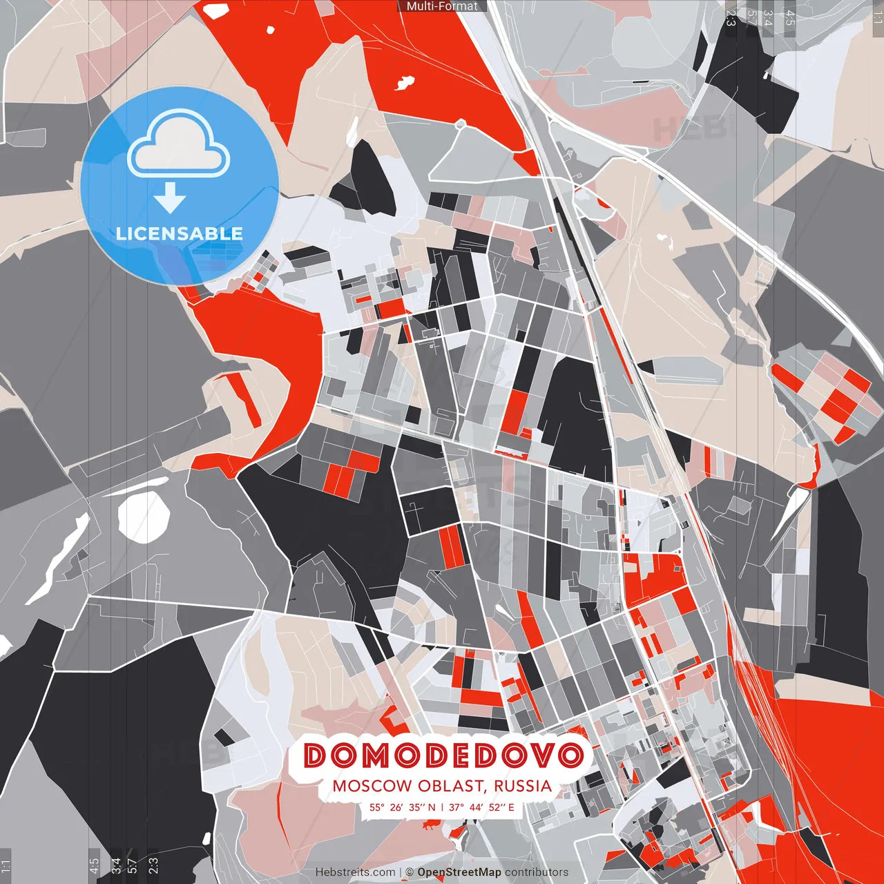 Domodedovo, Moscow Oblast, Russia - modern street map poster template with gray and red tones