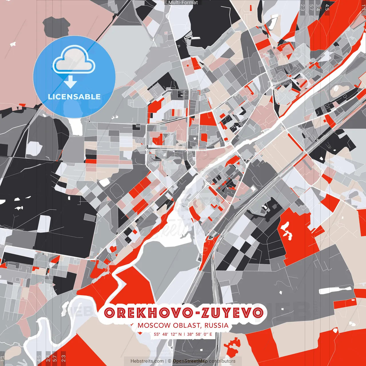 Orekhovo-Zuyevo, Moscow Oblast, Russia - modern street map poster template with gray and red tones