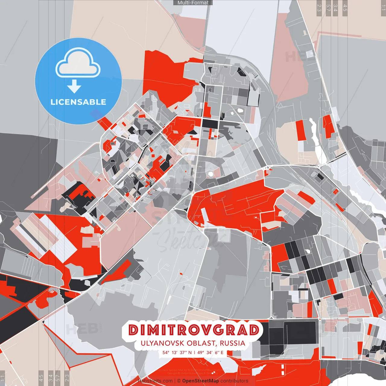Dimitrovgrad, Ulyanovsk Oblast, Russia - modern street map poster template with gray and red tones