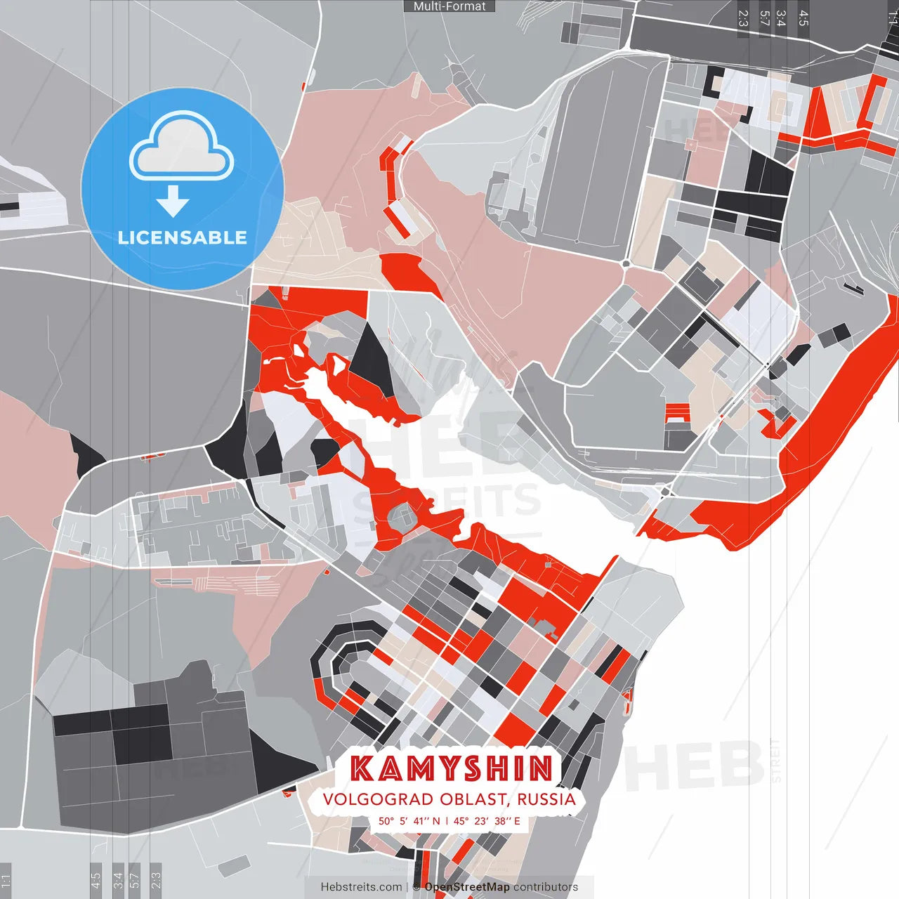 Kamyshin, Volgograd Oblast, Russia - modern street map poster template with gray and red tones