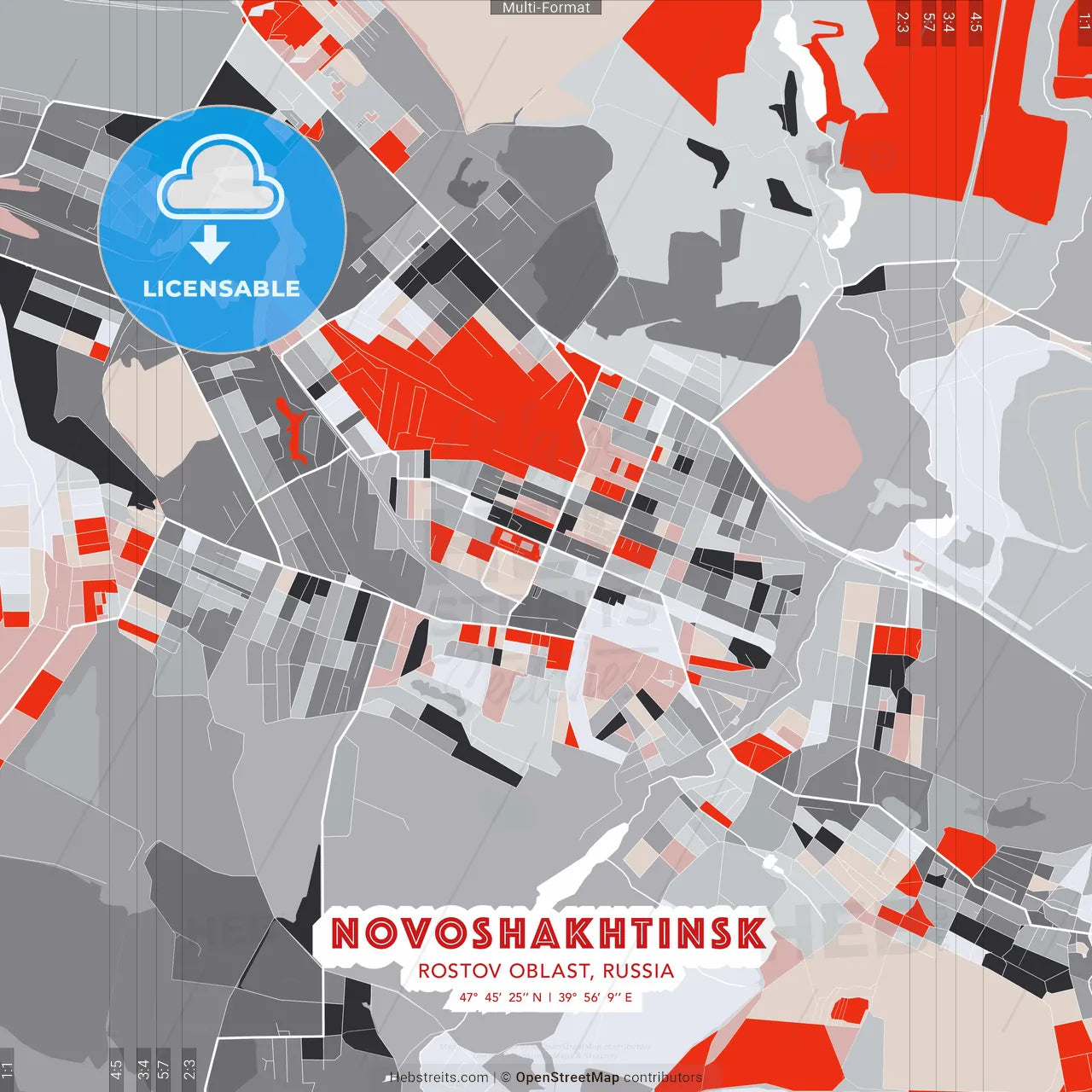 Novoshakhtinsk, Rostov Oblast, Russia - modern street map poster template with gray and red tones