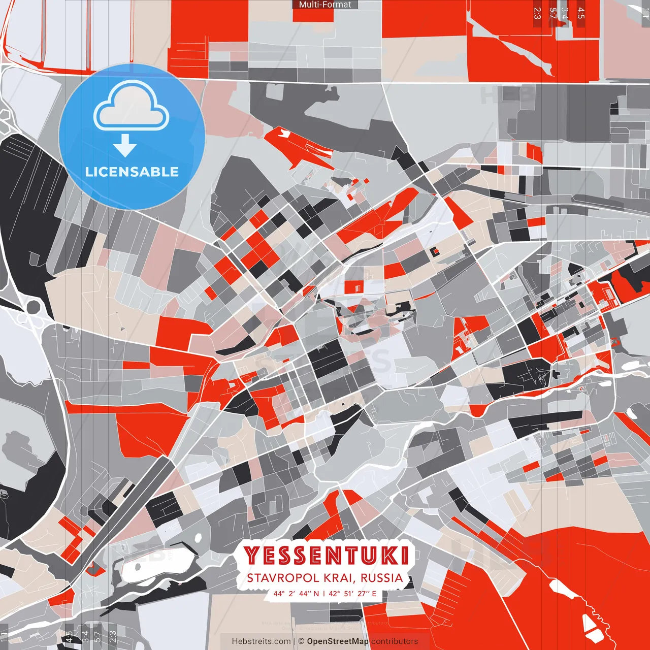 Yessentuki, Stavropol Krai, Russia - modern street map poster template with gray and red tones