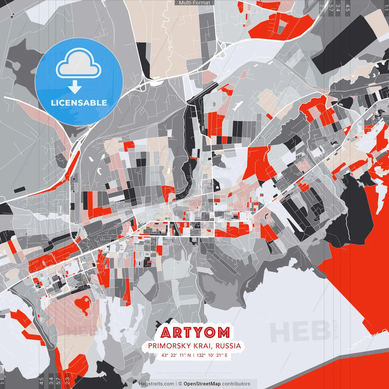 Artyom, Primorsky Krai, Russia - modern street map poster template with gray and red tones