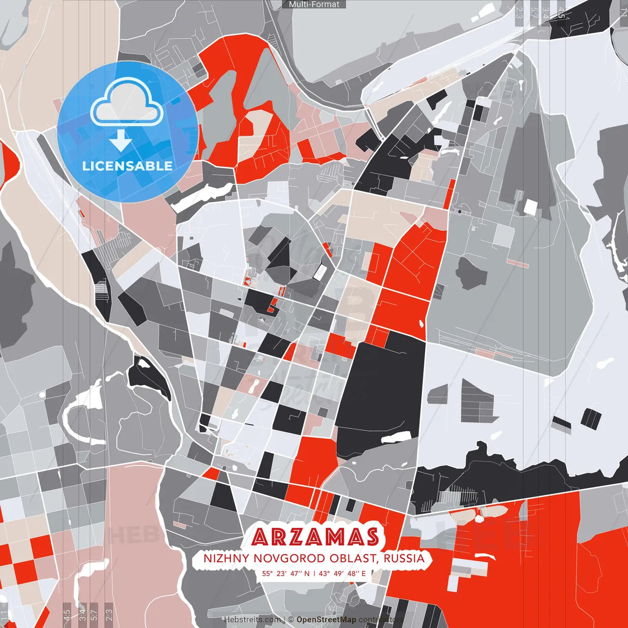 Arzamas, Nizhny Novgorod Oblast, Russia - modern street map poster template with gray and red tones
