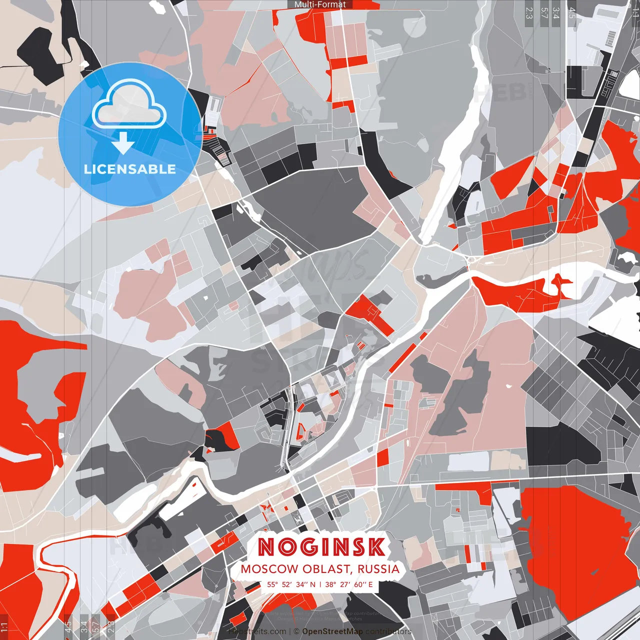 Noginsk, Moscow Oblast, Russia - modern street map poster template with gray and red tones