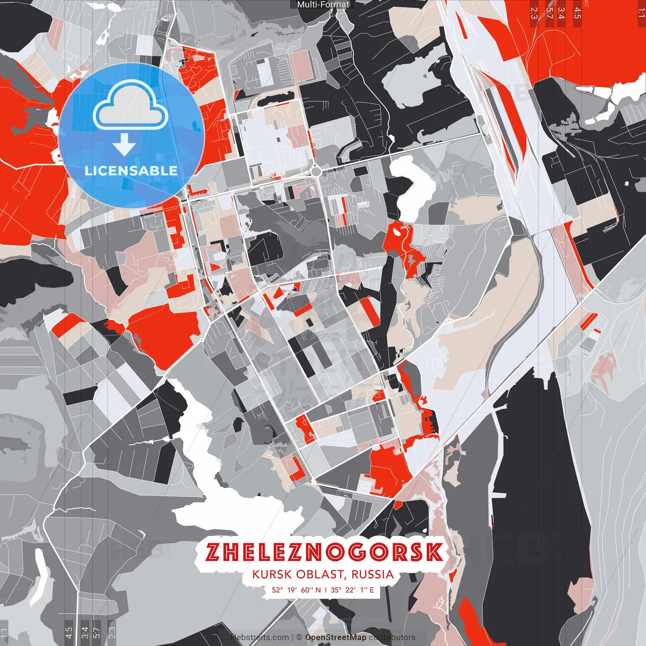 Zheleznogorsk, Kursk Oblast, Russia - modern street map poster template with gray and red tones
