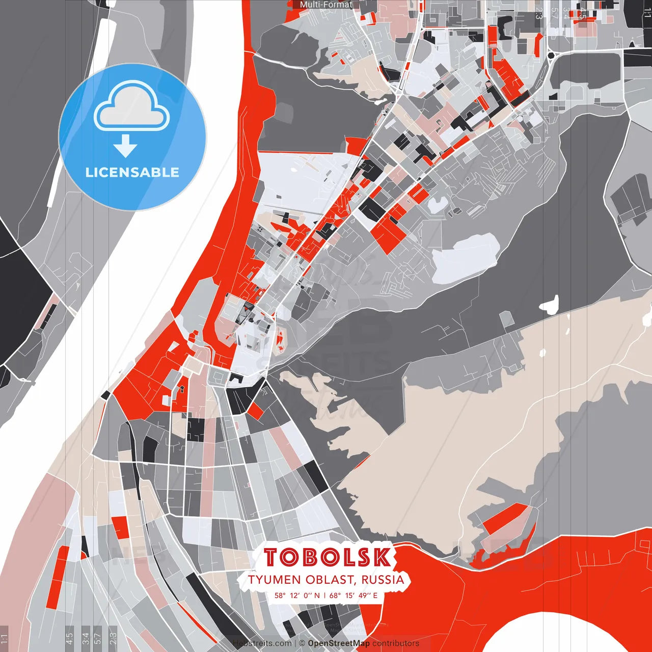 Tobolsk, Tyumen Oblast, Russia - modern street map poster template with gray and red tones