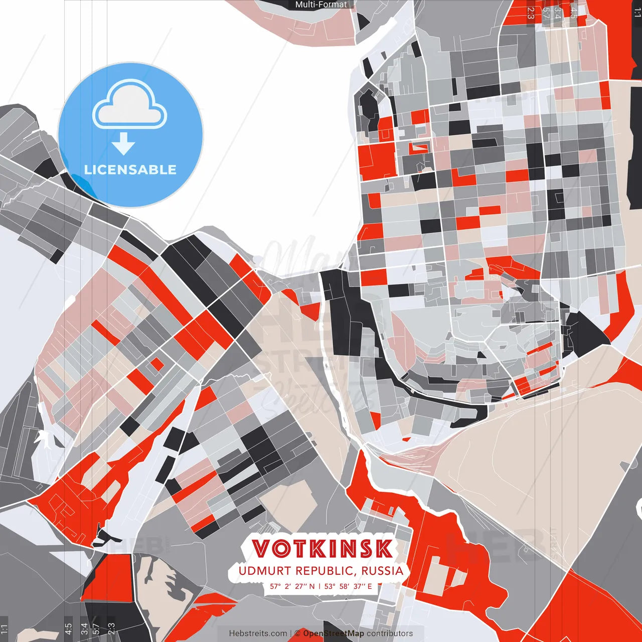Votkinsk, Udmurt Republic, Russia - modern street map poster template with gray and red tones