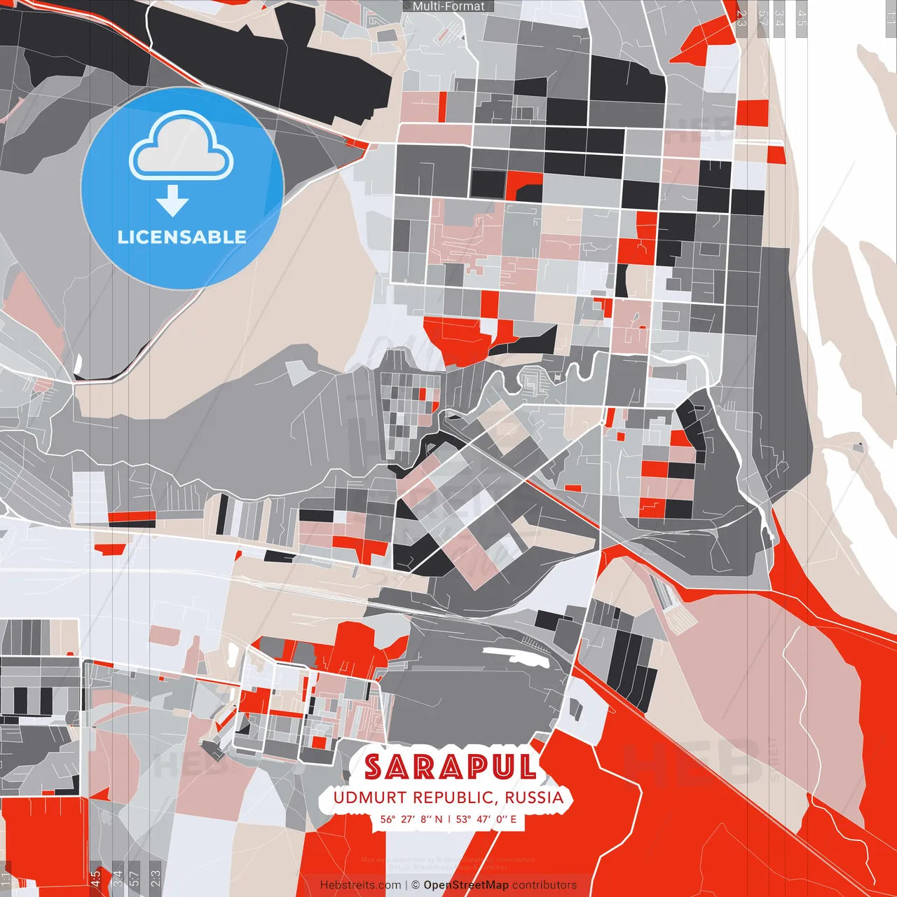 Sarapul, Udmurt Republic, Russia - modern street map poster template with gray and red tones