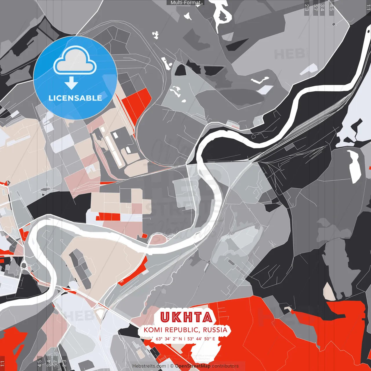 Ukhta, Komi Republic, Russia - modern street map poster template with gray and red tones